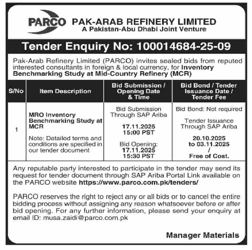 Pak Arab Refinery Limited Tender Notice